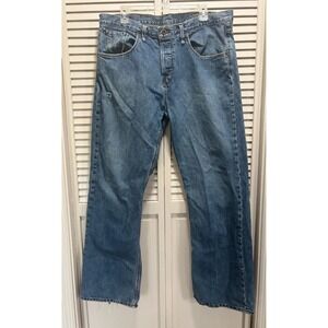Volcom Med Wash Denim Jeans Mid Rise Size 36x32 Zip Pockets Straight Distress